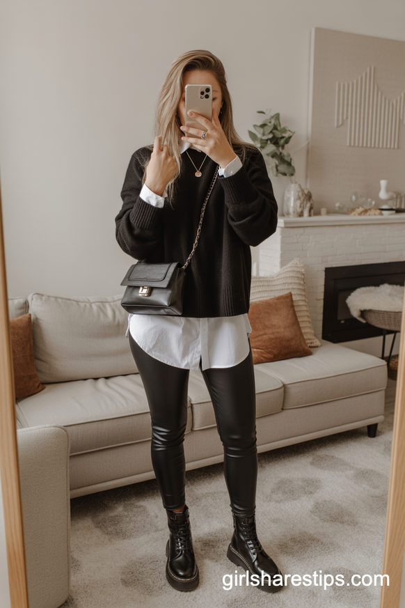 Layered Sweater and Shirt with Combat Boots