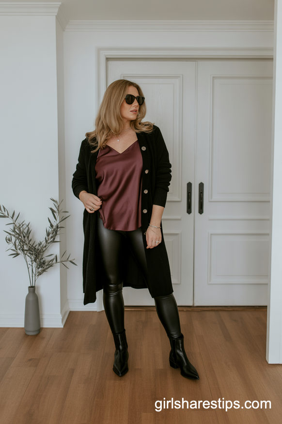 Long Cardigan and Satin Cami with Leggings