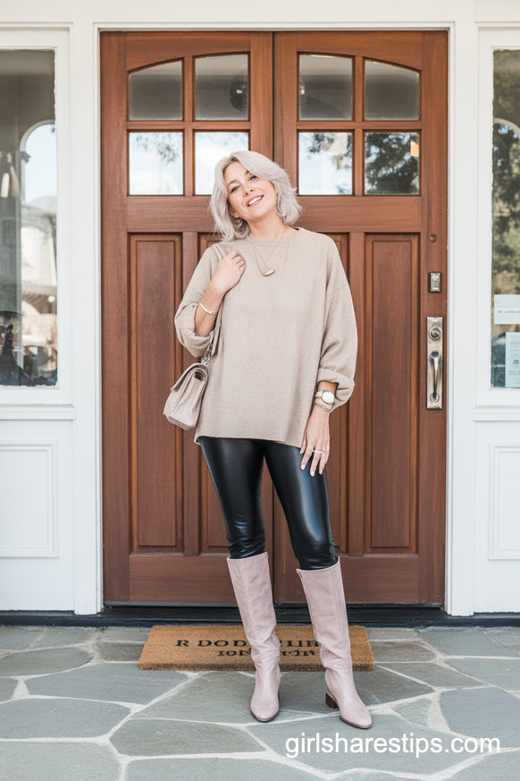 Oversized Beige Sweater with Tall Suede Boots