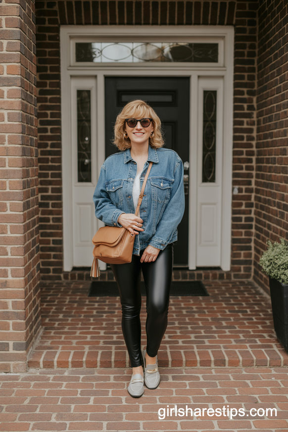 Denim Jacket with Black Leather Leggings and Loafers