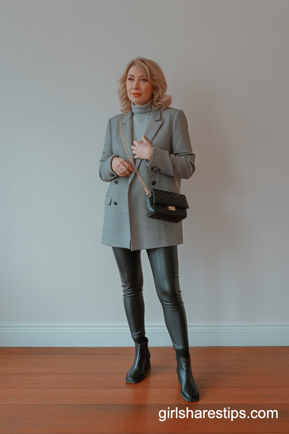 Gray Checked Blazer with Leather Leggings and Boots