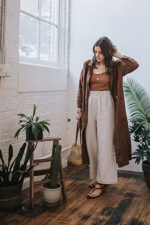 long trench coat and wide leg pants