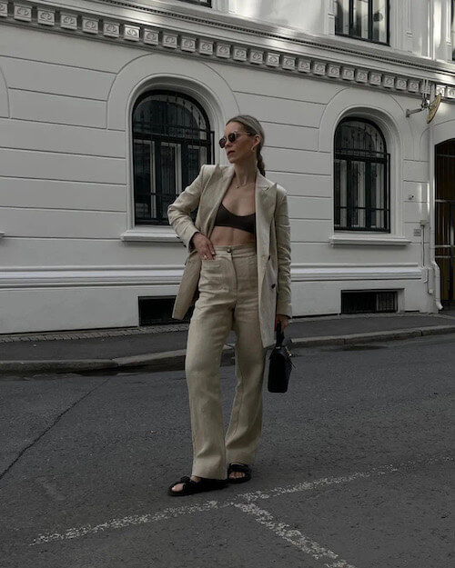 how to style a beige linen pants with an oversized blazer