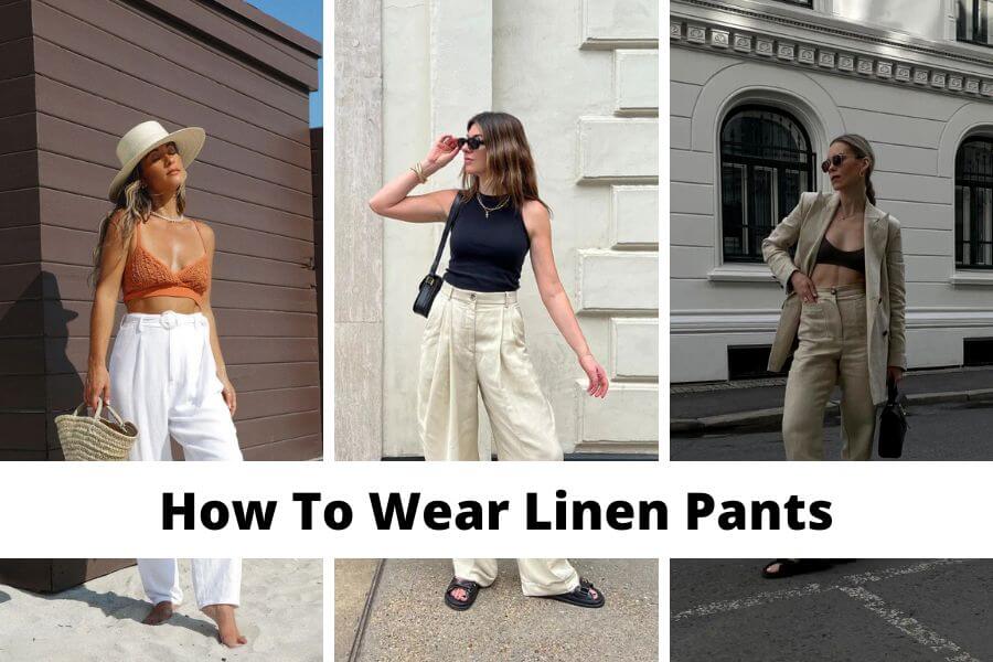 collage of outfit ideas on how to wear linen pants