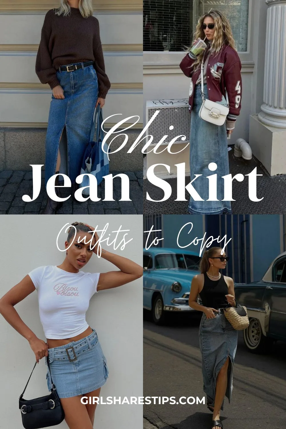 jean skirt outfit and denim skirt outfit ideas collage