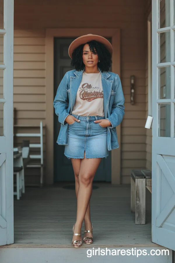 Jean Skirt with Denim Blazer and Graphic Tee