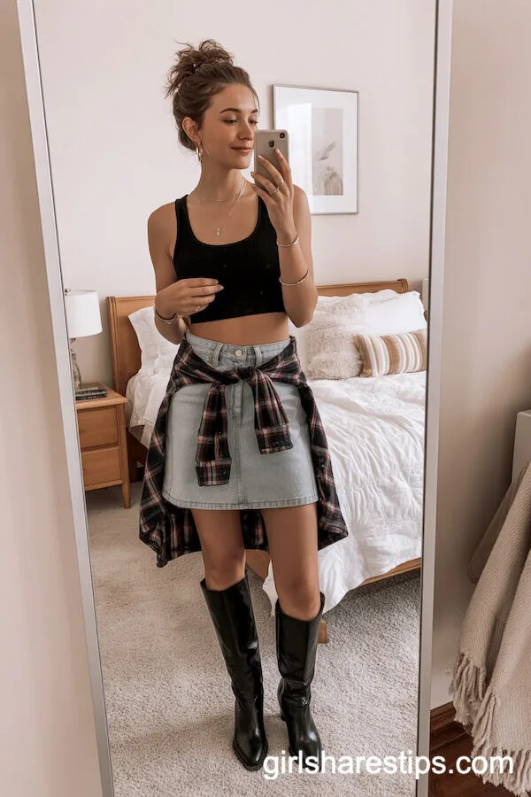 Black Crop Top with Light-Wash Jean Skirt and Plaid Shirt Accessory