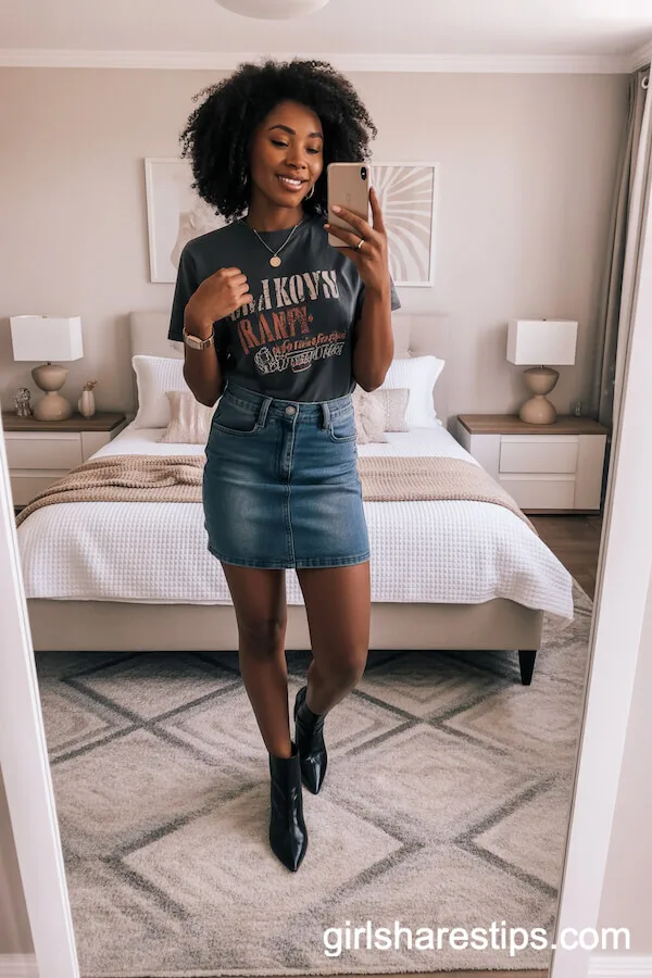 Fitted Jean Skirt with Graphic Tee and Ankle Boots