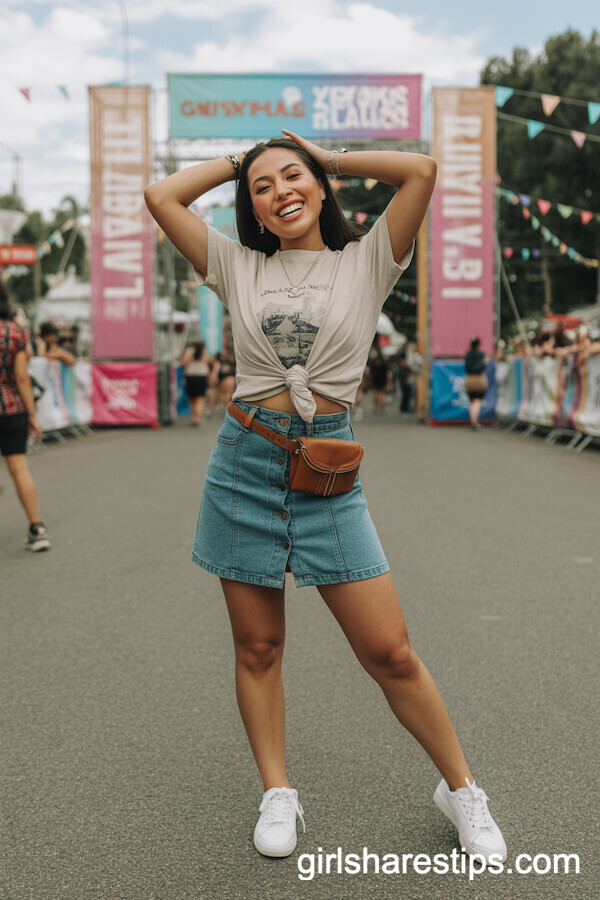 Button-Front Jean Skirt with Knotted Graphic Tee and Belt Bag