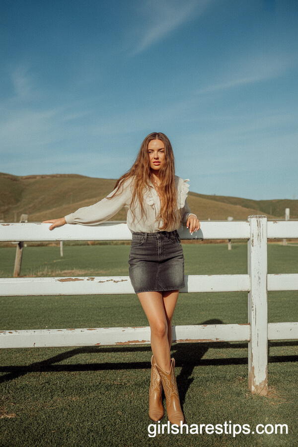 Dark-Wash Jean Skirt with Ruffled White Shirt and Cowboy Boots