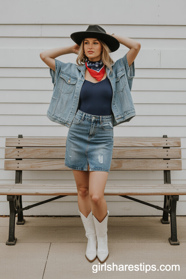 Medium-Wash Denim Skirt with Navy Bodysuit and Flag Bandana