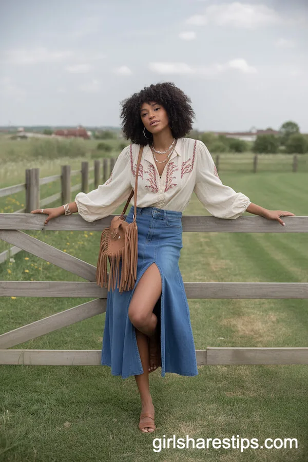 Embroidered Blouse with Blue Jean Skirt and Fringe Accessories