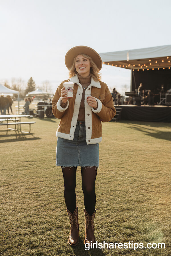 Mid-Wash Jean Skirt over Tights with Turtleneck, Boots, and Cozy Jacket