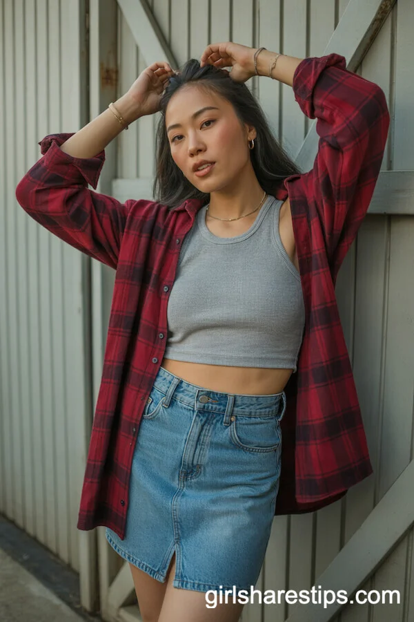 High-Waisted Jean Skirt with Tank Top and Oversized Flannel