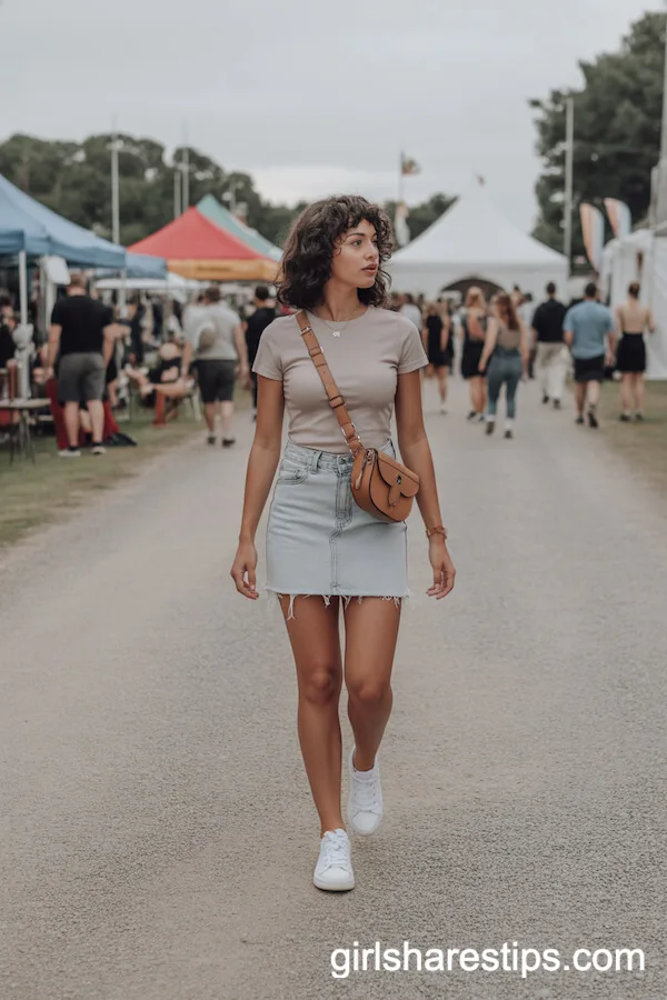 Light-Wash Denim Skirt with Basic Tee and White Sneakers
