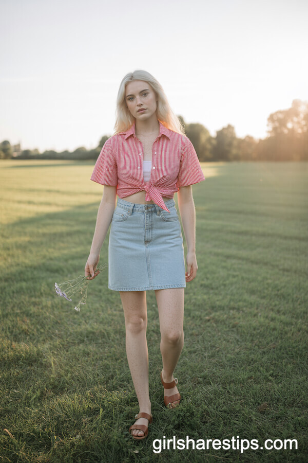 Red Gingham Button-Down with Light Blue Jean Skirt
