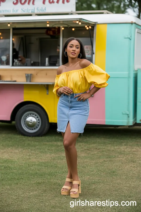 Yellow Off-Shoulder Blouse with Classic Jean Skirt and Platform Sandals