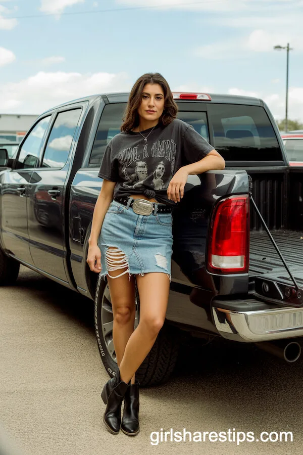 Vintage Band T-Shirt with Ripped Denim Skirt and Western Belt