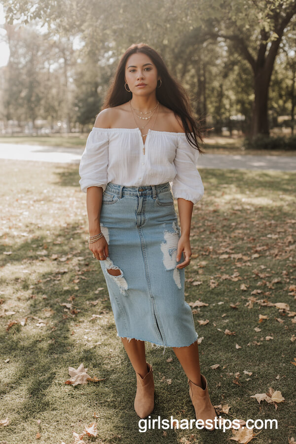 Distressed Midi Denim Skirt with Peasant Blouse