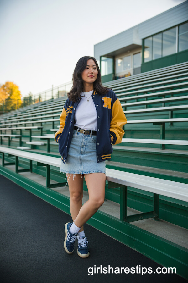 Faded Jean Mini Skirt with Varsity Jacket