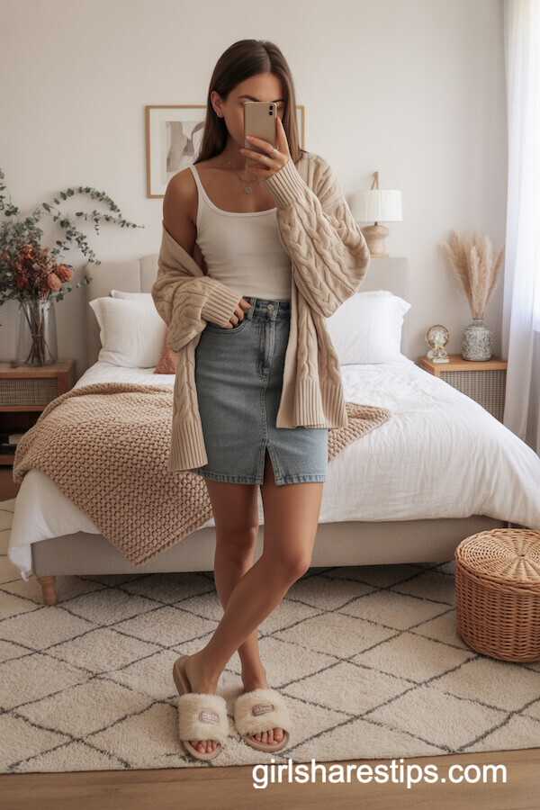Mid-Rise Denim Skirt with Cable-Knit Cardigan