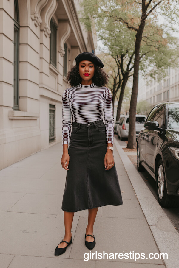 Dark-Wash A-Line Jean Skirt with Striped Top