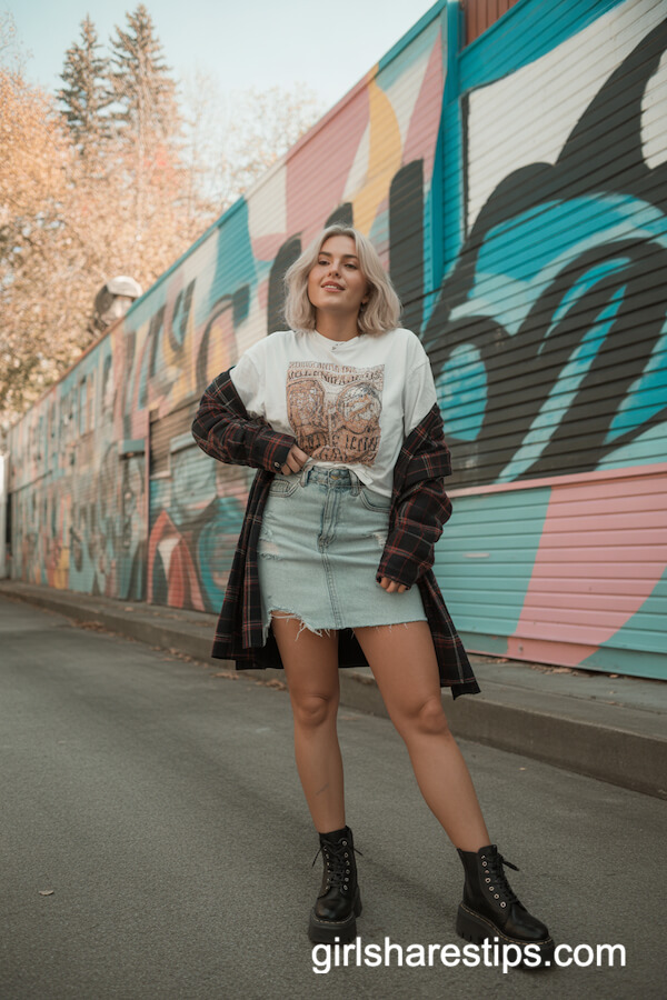 Light-Wash Denim Skirt with Graphic T-Shirt