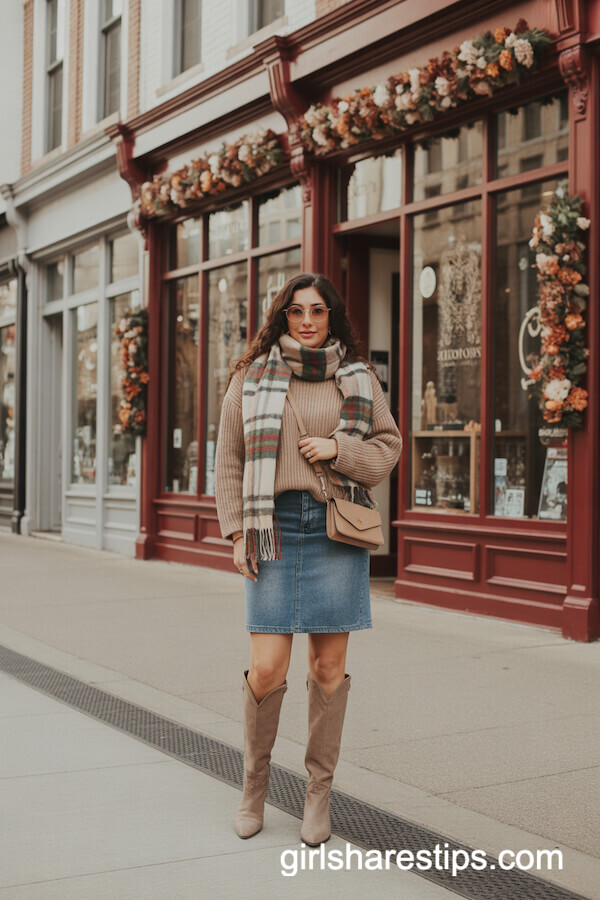 Knee-Length Denim Skirt with Knit Sweater