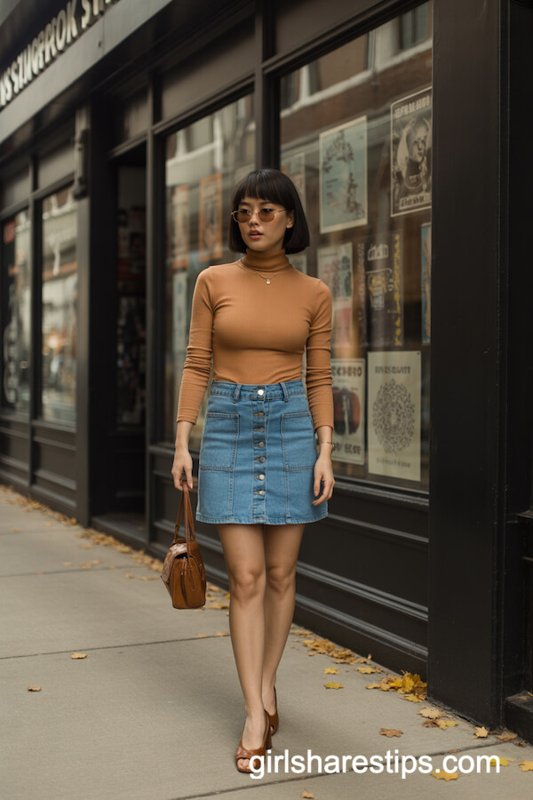 Button-Front Mini Skirt with Turtleneck