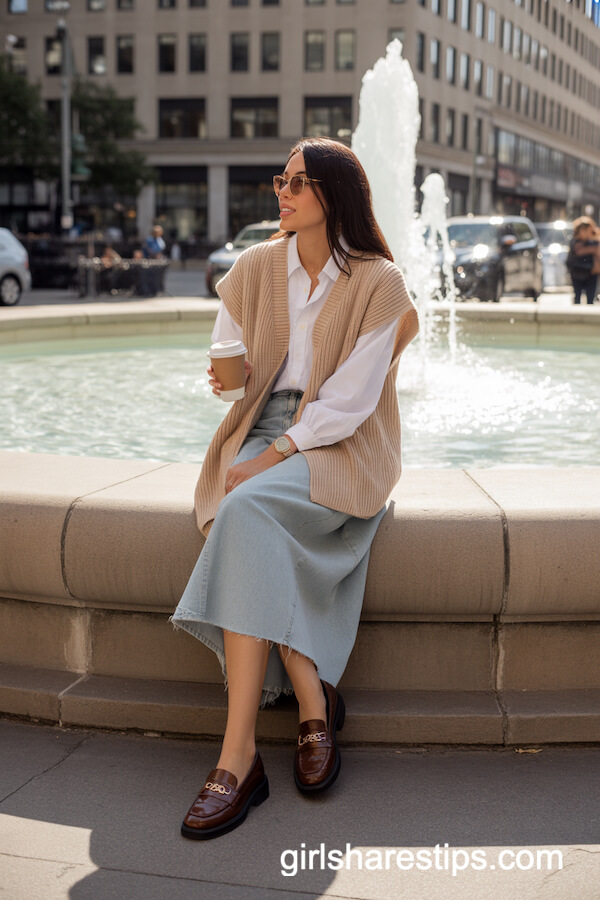 Light-Wash Midi Denim Skirt with Sweater Vest