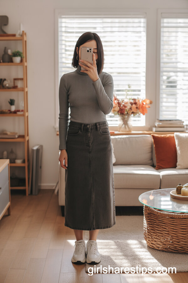 Dark Denim Skirt with Ribbed Turtleneck
