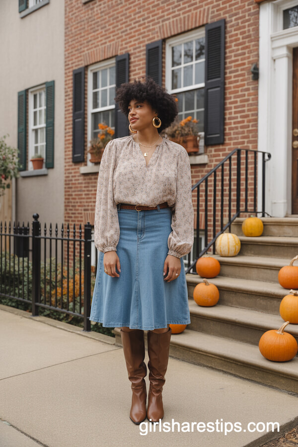 Mid-Length Denim Skirt with Flowy Blouse