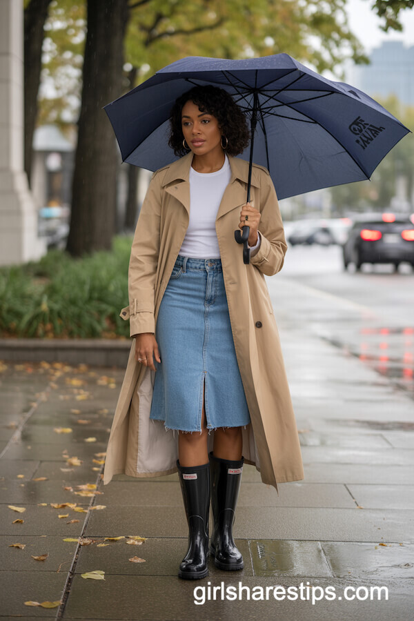 Knee-Length Jean Skirt with Trench Coat