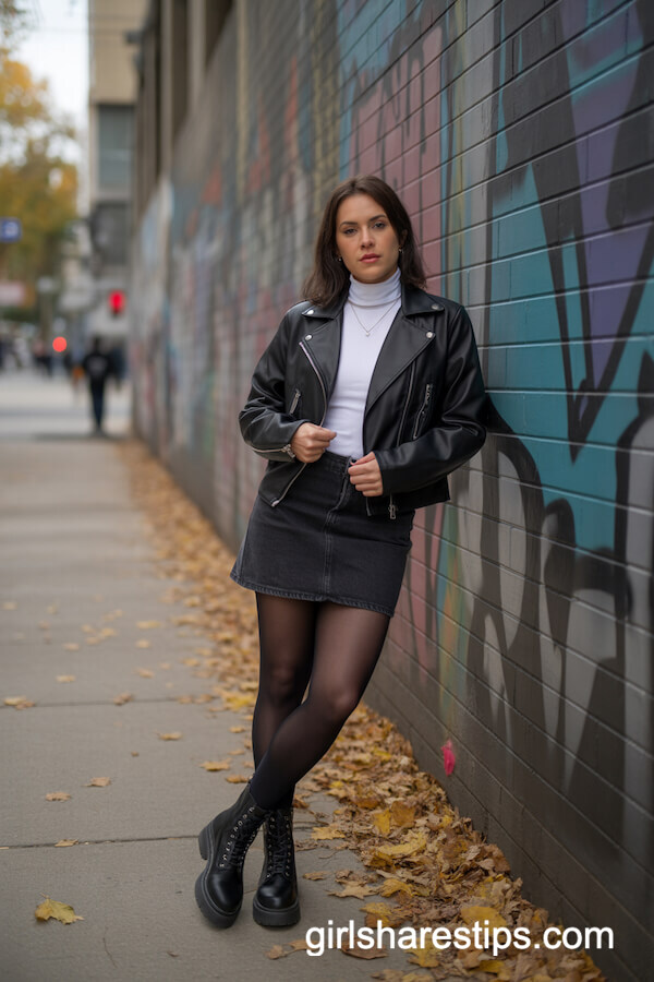 Black Mini Denim Skirt with Leather Jacket