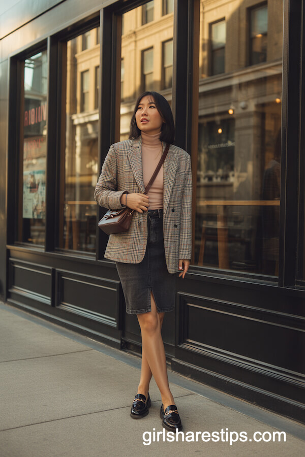 Dark-Wash Denim Pencil Skirt with Plaid Blazer