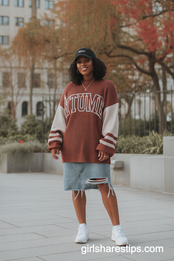 Knee-Length Distressed Denim Skirt with Sweater