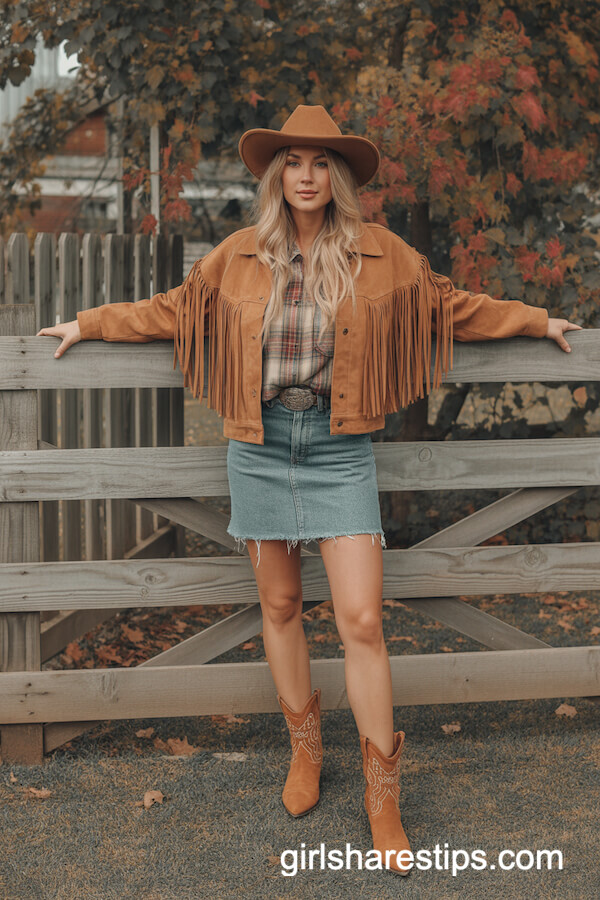 Frayed-Hem Mini Jean Skirt with Plaid Shirt