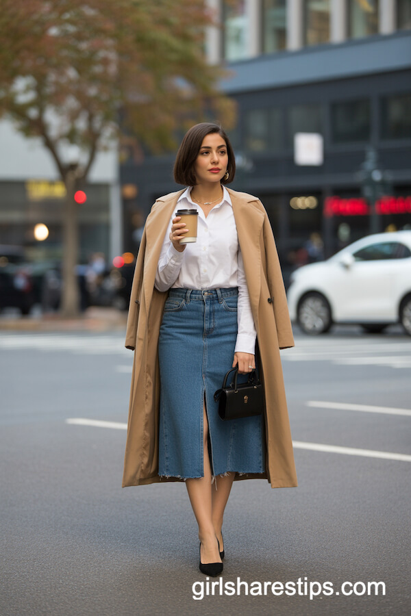 Midi Jean Skirt with White Button-Up