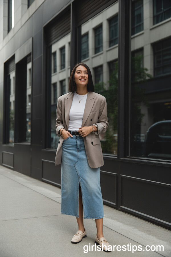 Neutral Blazer, Ribbed Tee, Long Straight Denim Skirt, Classic Loafers