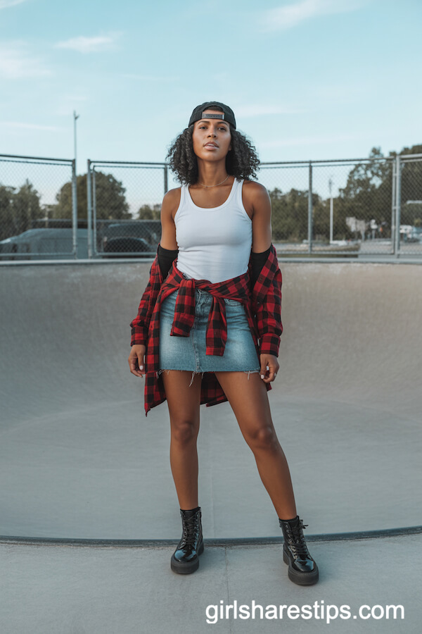 White Tank and Faded Blue Jean Skirt with Red Flannel Shirt and Combat Boots