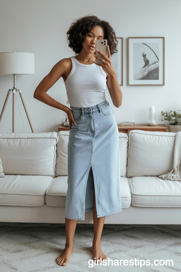White Tank Top with Light Blue High-Waisted Midi Denim Skirt