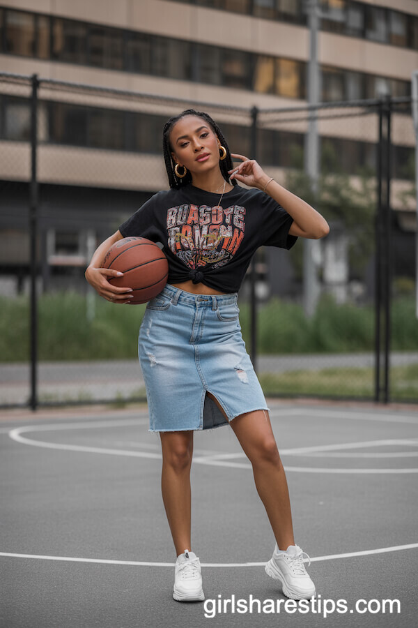Graphic Tee and Distressed Knee-Length Jean Skirt with Chunky Sneakers