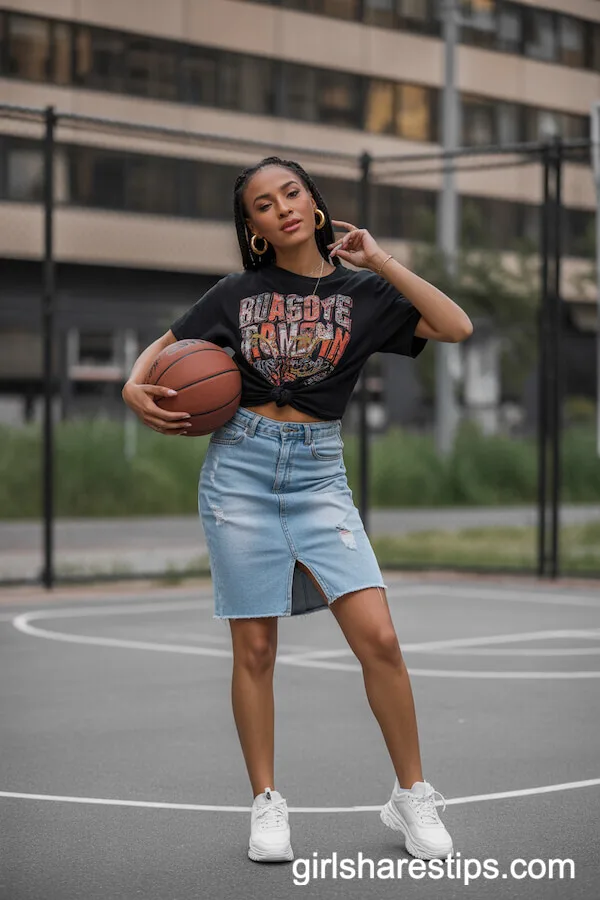 Graphic Tee and Distressed Knee-Length Jean Skirt with Chunky Sneakers