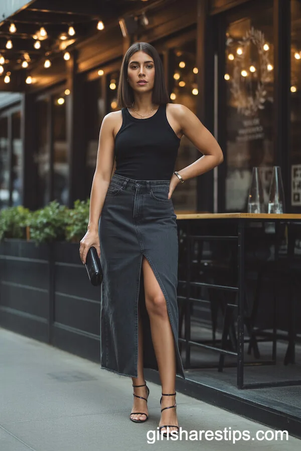Black Tank Top and High-Slit Dark-Wash Jean Skirt with Strappy Heels