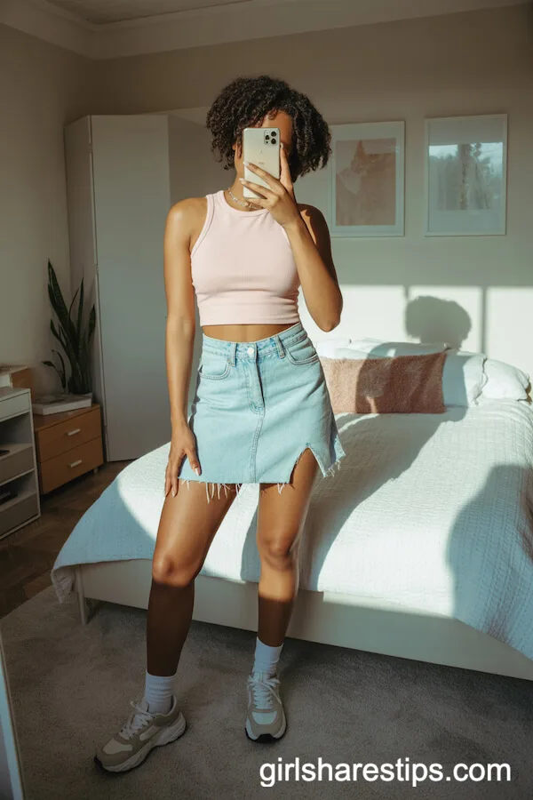 Pastel Crop Top and High-Waisted Raw Hem Denim Skirt with Chunky Sneakers