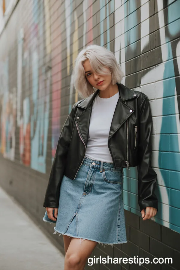 Cropped Leather Jacket, White Tee, High-Waisted A-Line Denim Skirt, Ankle Boots