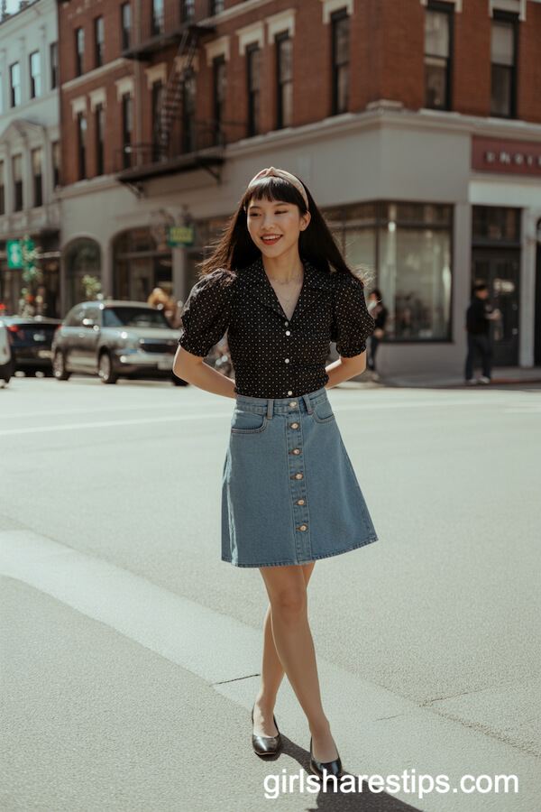 Puff-Sleeve Polka Dot Blouse Button-Front Denim Skirt Ballet Flats