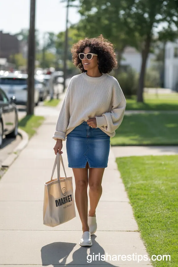 Oversized Cream Sweater Partially Tucked into Fitted Blue Denim Skirt with Slip-On Shoes