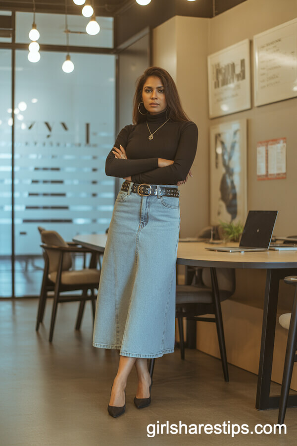 High Waist Jean Skirt, Black Turtleneck, Statement Belt
