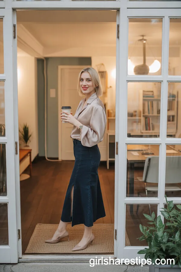 Dark Blue Jean Skirt with Blush Silk Blouse and Low Heels